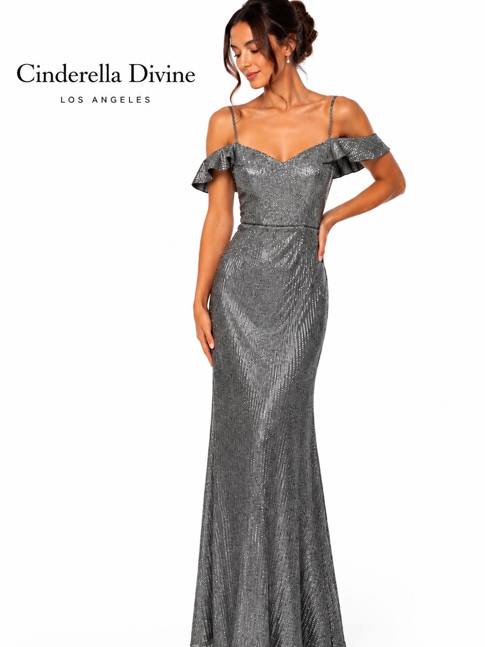 Cinderella Divine Silver Metallic Off Shoulder Evening Gown Size 10